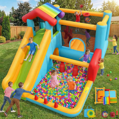 Bounce House, Inflatable Bounce House For Kids 3-10, Obstacle Bouncy House With Slide, Trampoline, Ball Pit, Basketball Hoop, Target, Climbing, Tunnel, Indoor Outdoor, 450W Blower
