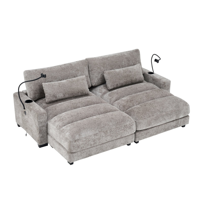 Canapé-lit double surdimensionné en chenille de 91 po avec porte-gobelet, port USB et support de téléphone, Gris