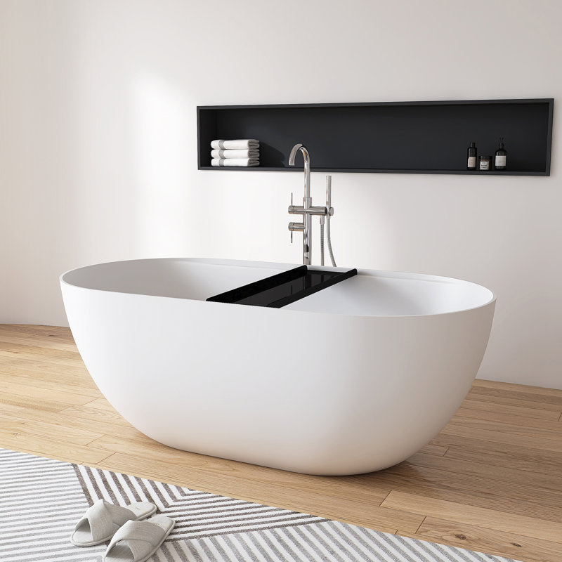59" x 30" Freestanding Tub Solid Surface Soaking Bathtub With Storage Rack, Black