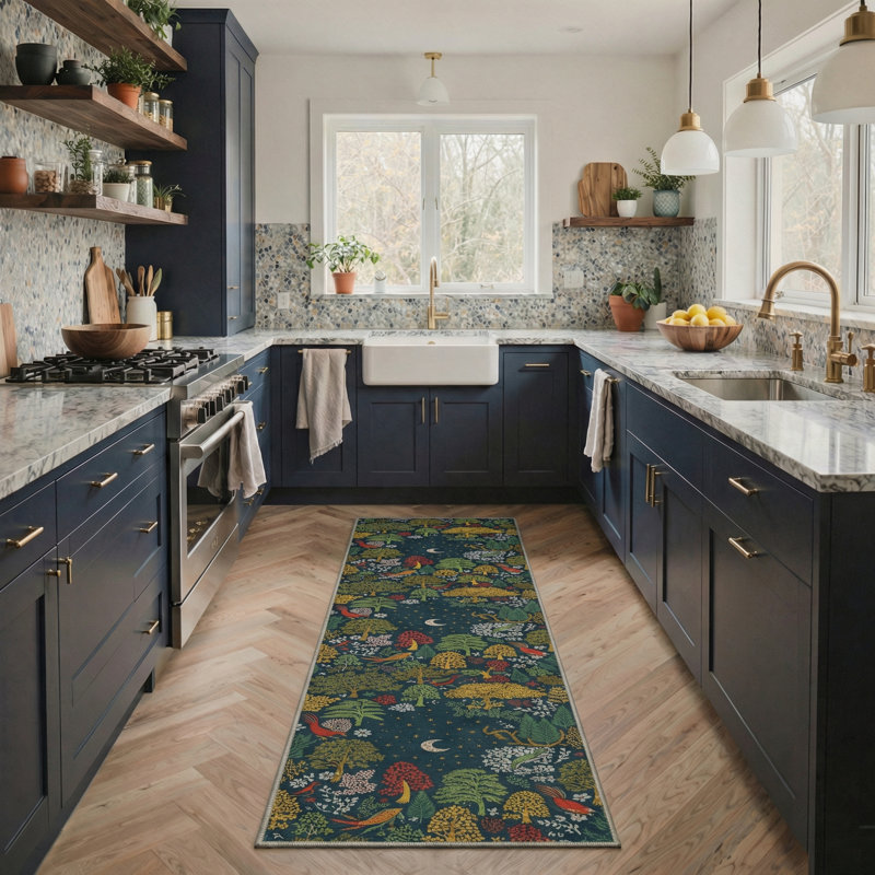 Lunaria Abstract Moonlit Forest Machine Washable Midnight Indoor Area Rug With Non-Slip Backing, Runner 2' x 7'