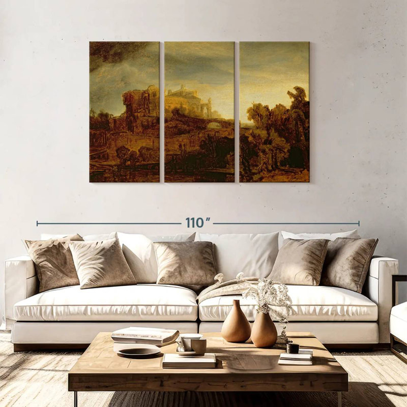Lilie paysage avec un château, H 48 po x l 74 po