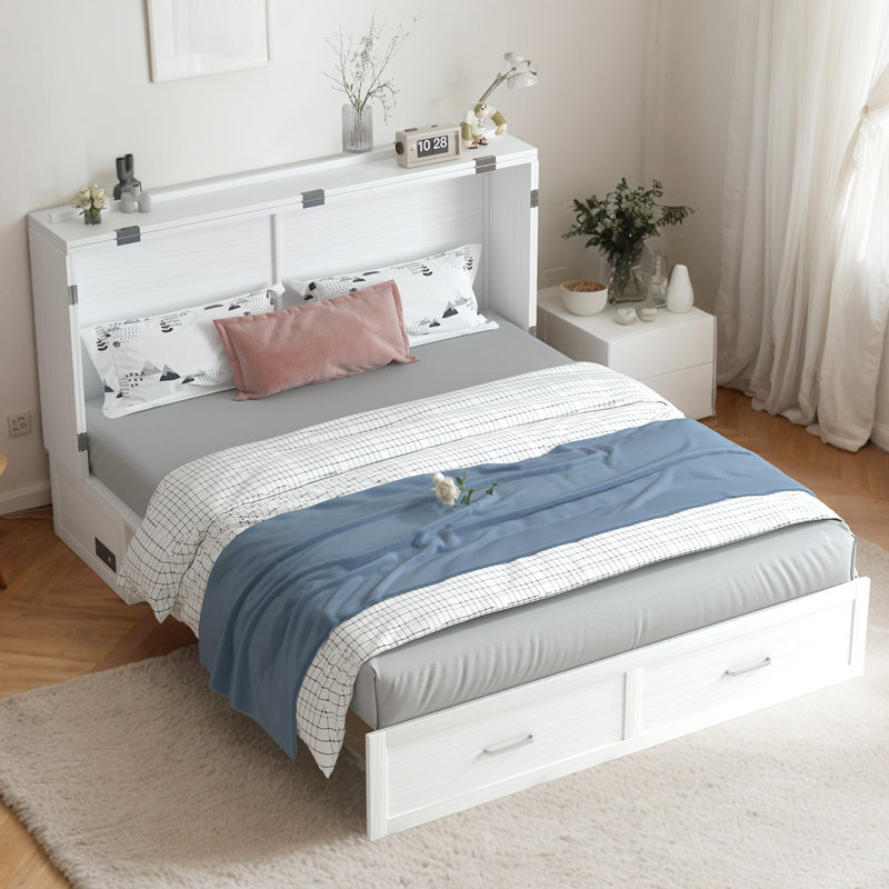 Lark Manor Queen Murphy Bed, Smart Cabinet Bed with USB Charging Station & Tri-Fold Mattress, Storage Drawers for Home, White