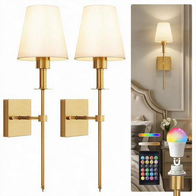 Appliques murales à bras articulé, alimentées par piles, avec abat-jour en tissu, télécommande, intensité variable, éclairage RVB, minuterie et fonction mémoire, 55 cm (paquet de 2).