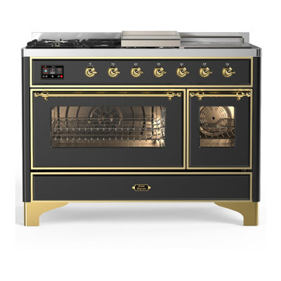 Cuisinière à double combustible de 48 pouces avec 5 brûleurs scellés de la série Majestic III et plaque chauffante en graphite mat (gaz naturel, garniture en laiton)
