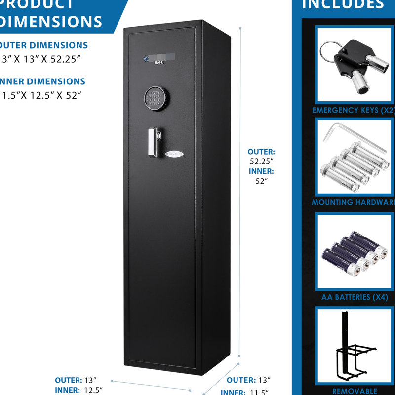 Coffre-fort de 4,33 pieds cubes avec système de verrouillage numérique. Spacieux pour les carabines et les accessoires. Pour un usage domestique ou professionnel. Fabriqué en acier noir avec dispositif d'entrée de clavier électronique approuvé. Boutiques adaptées