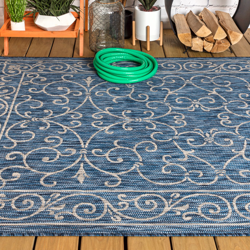 Hagerman Vintage Filigree Textured Weave Navy/Gray Indoor/Outdoor Rug, Rectangle 5'3" x 7'7"