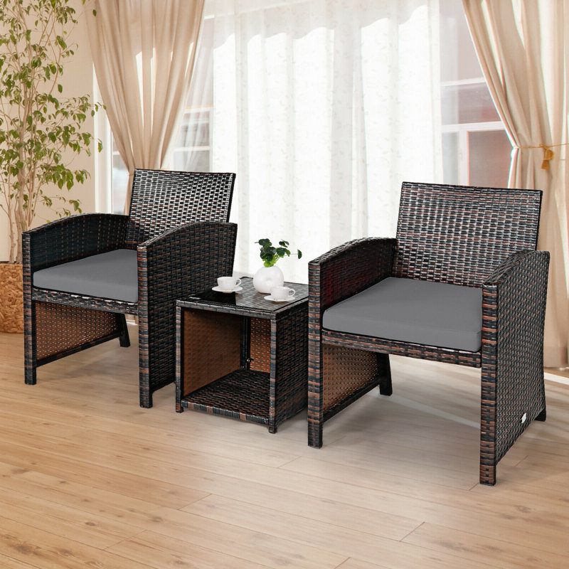 Ensemble de conversation en osier / rotin pour 2 personnes avec coussins, Gris