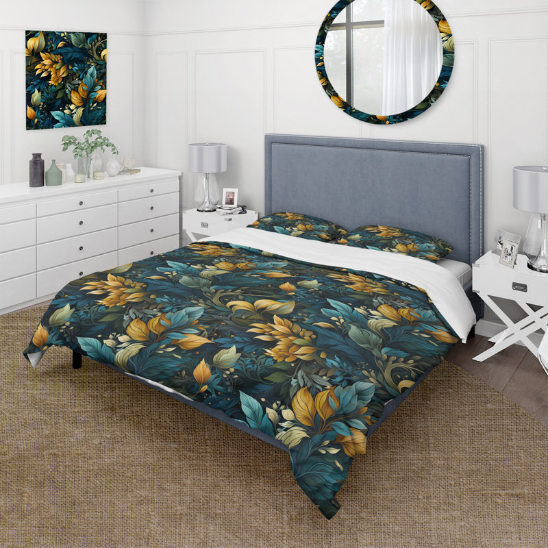 Literie feuille verte et jaune Harmony I, Housse de couette pour grand lit et 2 taies décor