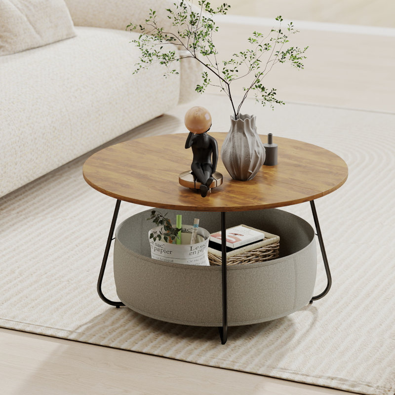 Barret Round Coffee Table With Storage Fabric Basket for Living Room, Brown