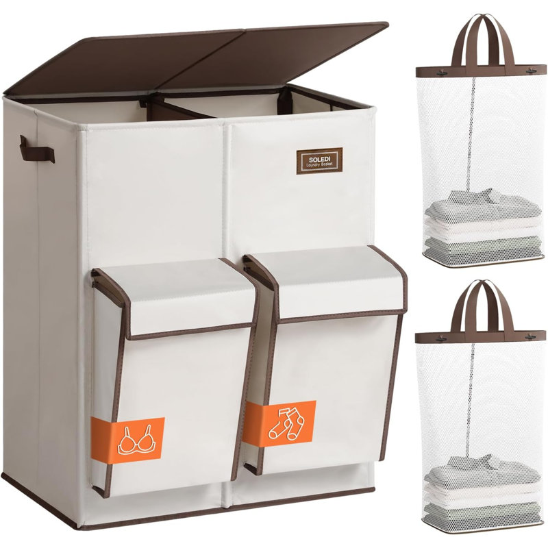 Double Laundry Hamper With Lid, 47.8 Gal (180L) Large Laundr Basket 2 Section With 2 Side Pockets, Dirty Clothes Hamper With Removable Bag, Easy To Carry For Laundry Room, Bedroom, Beige