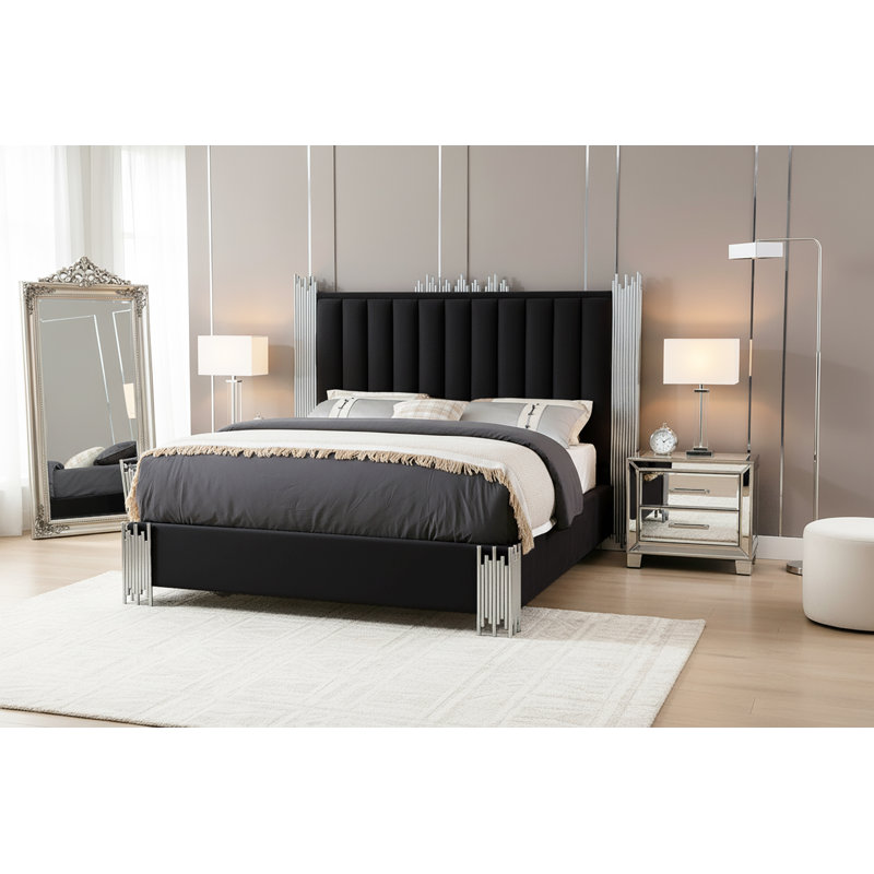 Lit tapissier standard à profil bas Elvyra, Très grand, Noir / argent