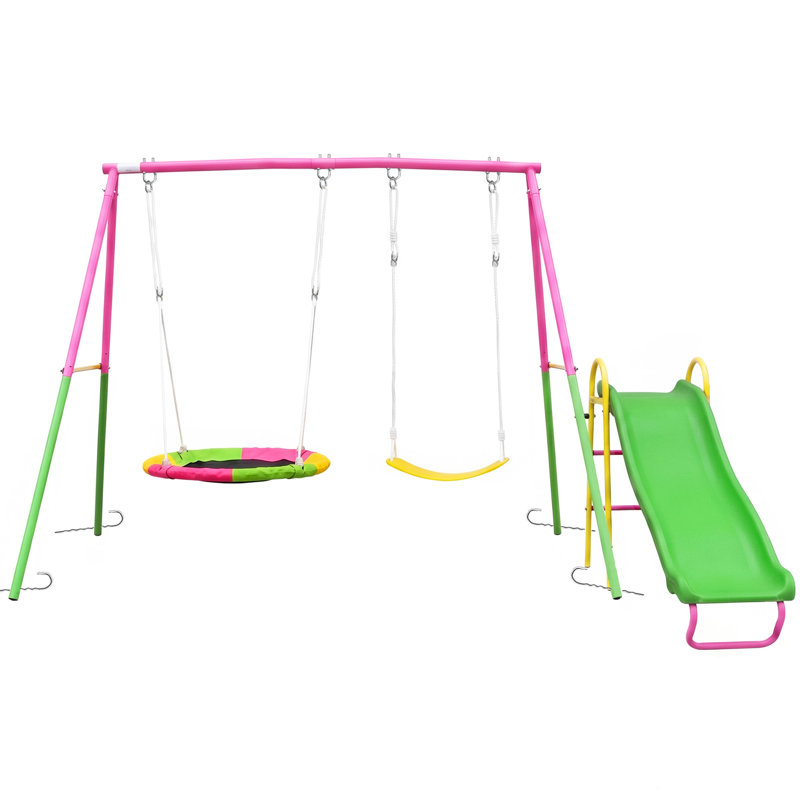 XNS107 - Ensemble de deux balançoires avec glissade bleu et rose pour aire de jeux extérieure pour enfants