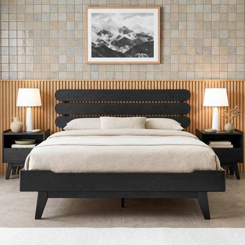 Full Size Bed Frame, Solid Wood Platform Bed with Headboard & Footboard, 12 Strong Slatted Design with Central Metal Legs, Noise-Free & Anti-Slip, No Box Spring Needed, Ebony Oak Finish