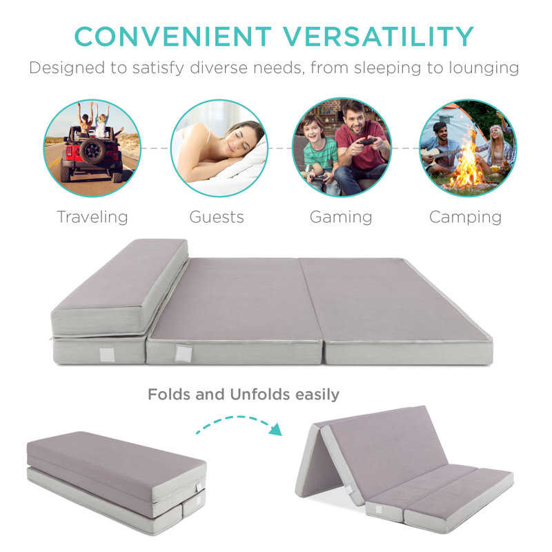4-Inch Gray Folding Portable Queen Foam Mattress with Carry Case