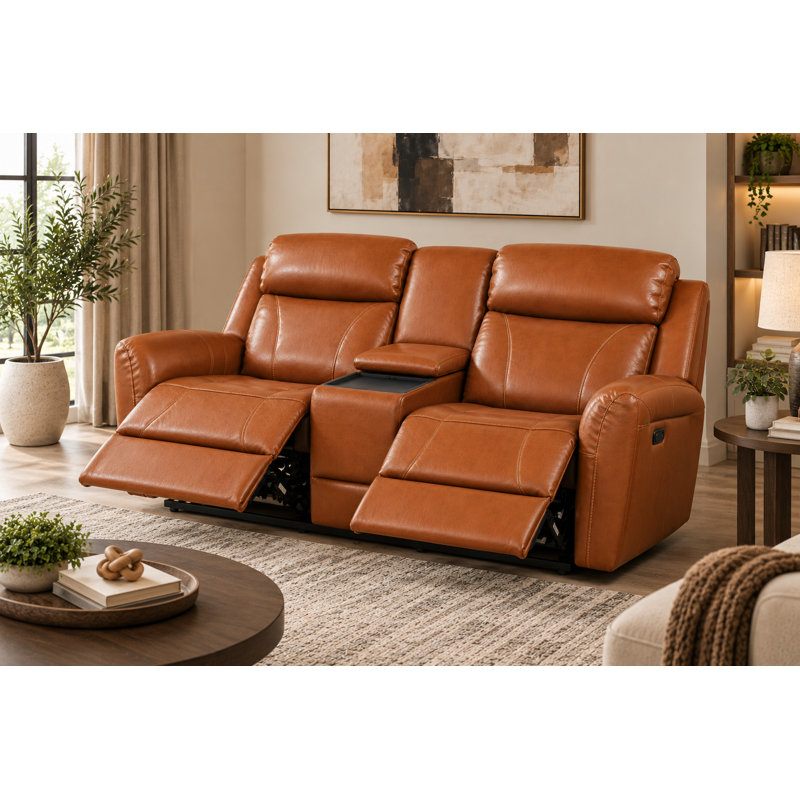 Canapé inclinable électrique deux places en cuir véritable, couleur caramel, L 71 po