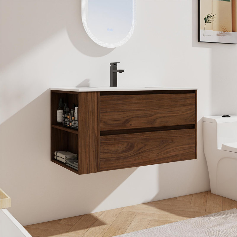 Meuble-lavabo mural simple 36 po avec plateau en résine Plemons, Chêne brun