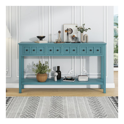 Console rustique, canapé de 60 po de long avec deux tiroirs de taille différente et une tablette inférieure pour le rangement (vert turquoise)