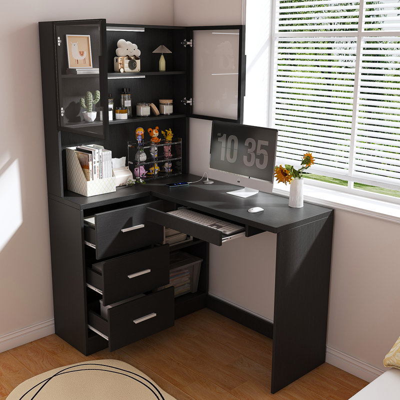 Computer Desk With Glass Cabinets & Built-In LED Lights, Corner L-Shaped Office Desk With USB Charging Ports, Keyboard Tray, Ergonomic Design For Home And Corporate Workspaces(Black)
