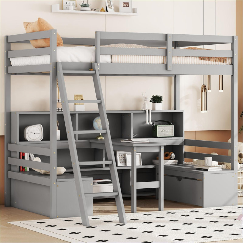 Lit mezzanine simple en pin massif avec rangement intégré, tiroirs et sièges intégrés