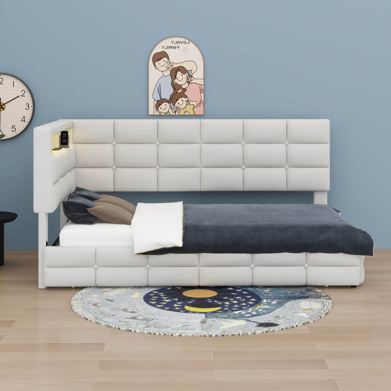 Lit de jour rembourré simple avec rangement 2 tiroirs et lumières DEL, Beige