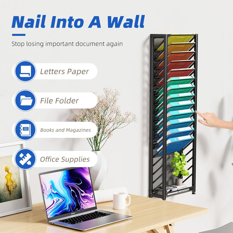 Wall File Organizer, 18-Tier Mesh Hanging Paper Document Folder Holder, Desktop Metal Files Storage Rack For Office And Home, Black