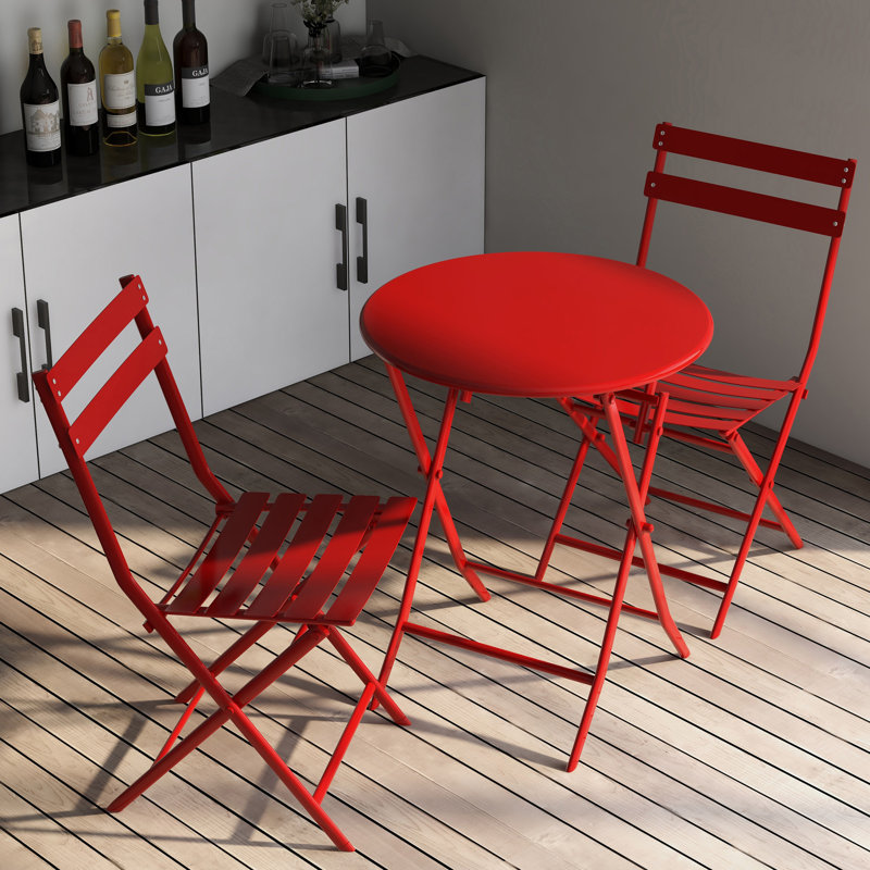 3-Piece Foldable Patio Bistro Set With Round Table And Two Chairs, Red