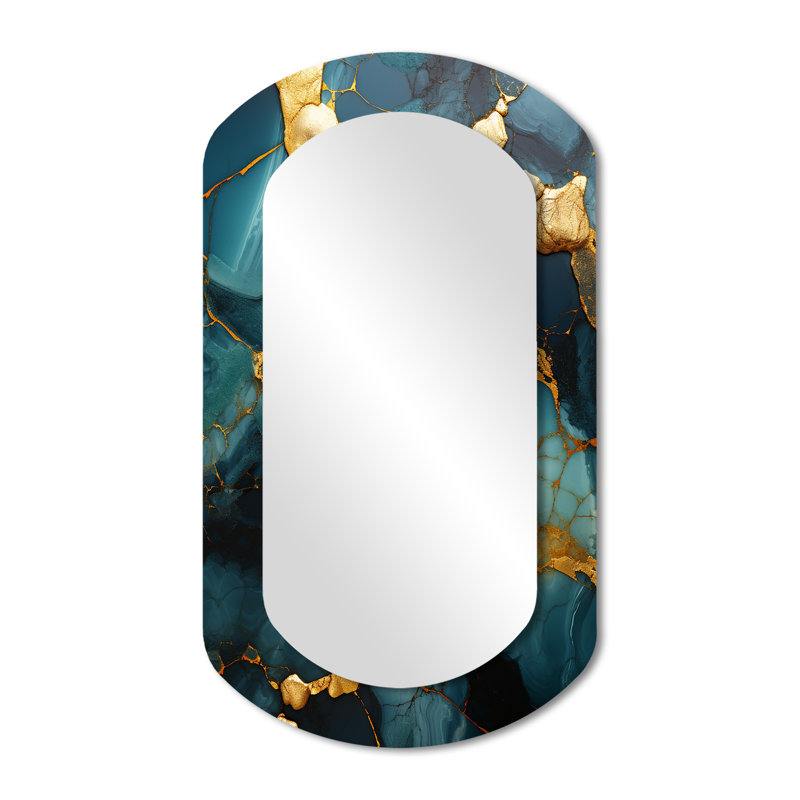 Marinello Gold and green topaz Agate Granite IV - Abstract Cylinder Wall Mirror, Gold Asymmetrical Decorative Mirror, Printed Metal Art