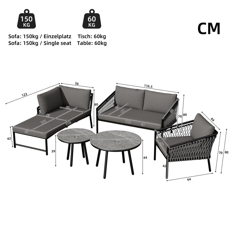 5 Person Garden Lounge Set With Cushions And Coffee Table, Grey