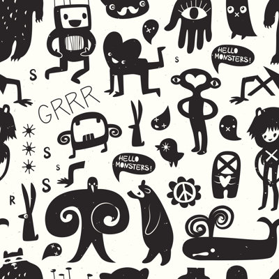 Vintage Ink Monsters And Freaks. Seamless Pattern by Kite-kit - Wrapped Canvas Print