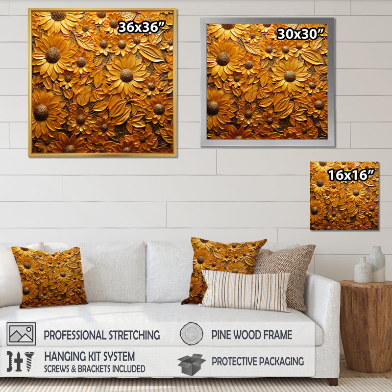 Tournesol doré rayonnant sur toile, Cadre simple noir, H 30 po x l 30 po x P 1 po