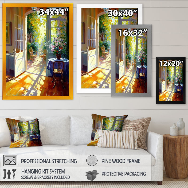 Après-midi soleil dans la maison du lac I - reproduction sur toile, L 12 po x H 20 po, Impression dorée sur toile encadrée