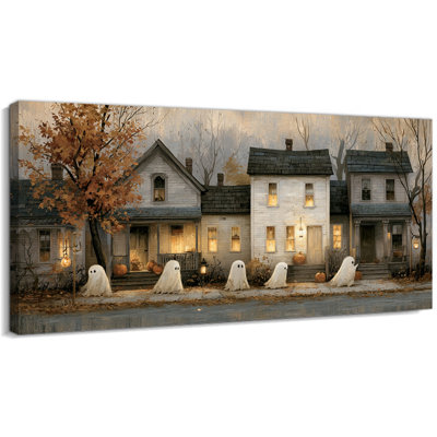 Toile d'Halloween, décoration murale fantôme rétro, scène de maison de quartier hantée douillette