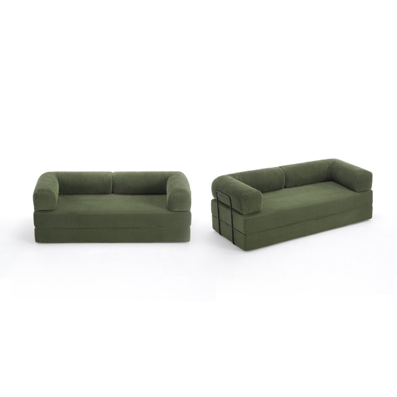 Upholstered Compression Green Corduroy Convertible Sleeper Sofa Bed - Foldable Floor Couch With No Assembly (Set of 2), Green