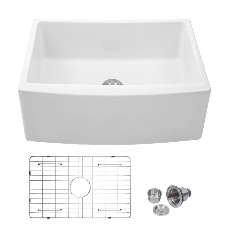 Évier de cuisine à tablier en céramique avec accessoires, H 10 po x L 24 po x l 19 po / tablier arqué courb