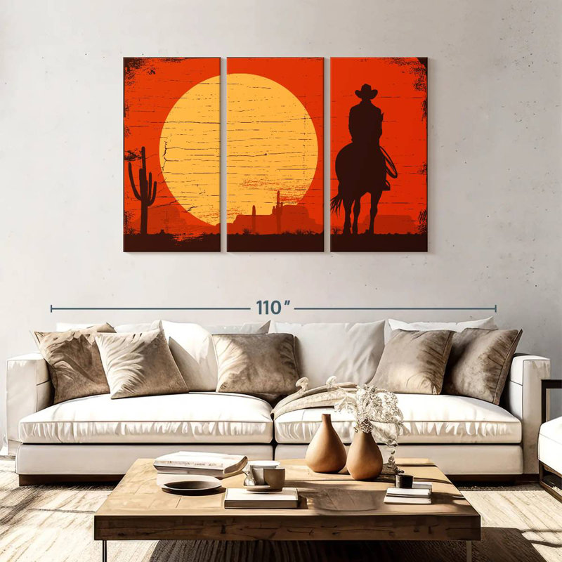Silhouette de cowboy au coucher du soleil, H 48 po x l 74 po