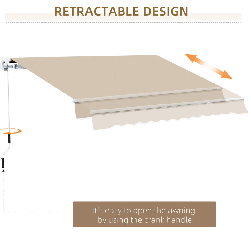 Beige 13' X 8' Awning. & Water-, Aluminum Frame. Manual Crank For Patio, Deck, Balcony, Yard Sunshade Retractable Balcony Awning - Beige. Frame, Cover
