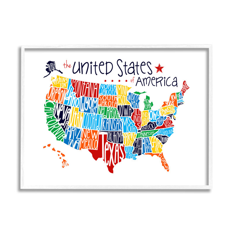 «Burkett Wall Plaque USA Map», art textuel, Cadre blanc, H 14 po x l 11 po