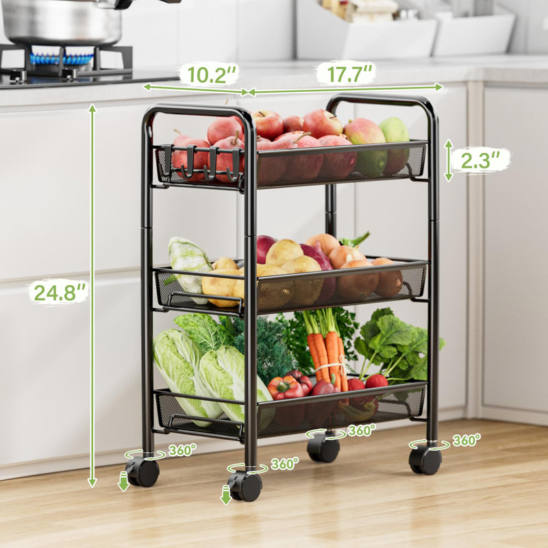 Black Metal 3-Tier Rolling Utility Storage Cart