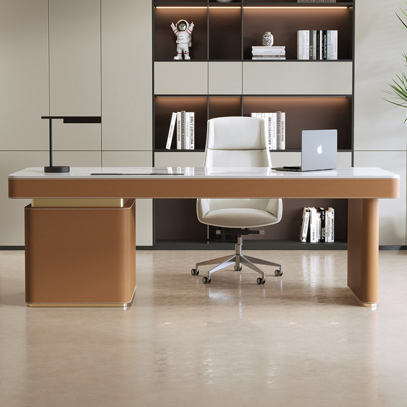 Bureau de direction en cuir brun avec armoire latérale gauche et base en métal avec bureau à 3 tiroirs, Armoire droite
