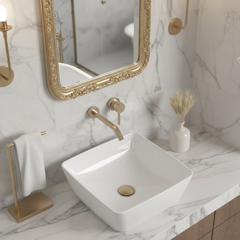 KES Bathroom Sink White Square Vessel Sink for Bathroom White Ceramic 17 Inch Above Counter