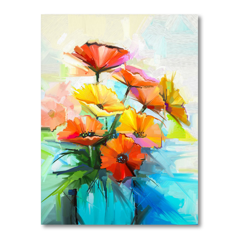 Nature morte à la fleur de gerbera rouge et jaune - Peinture, H 36 po x l 24 po x P 1 po, Toile tendue