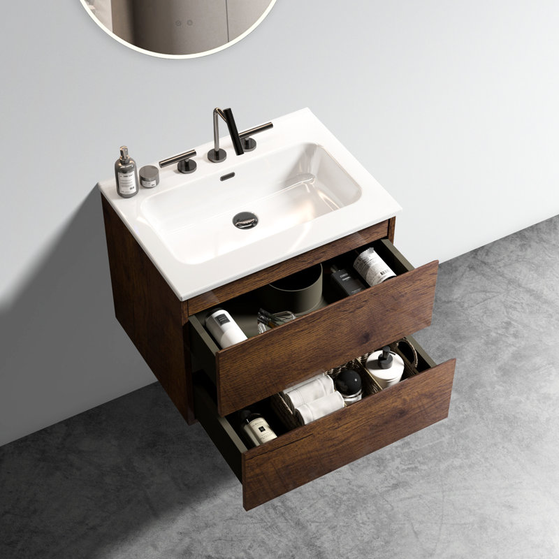 Meuble-lavabo en noyer avec lavabo en céramique de 61 cm (24 po) - Style moderne, fonctionnement silencieux. Spacieux, tranquille et élégant.