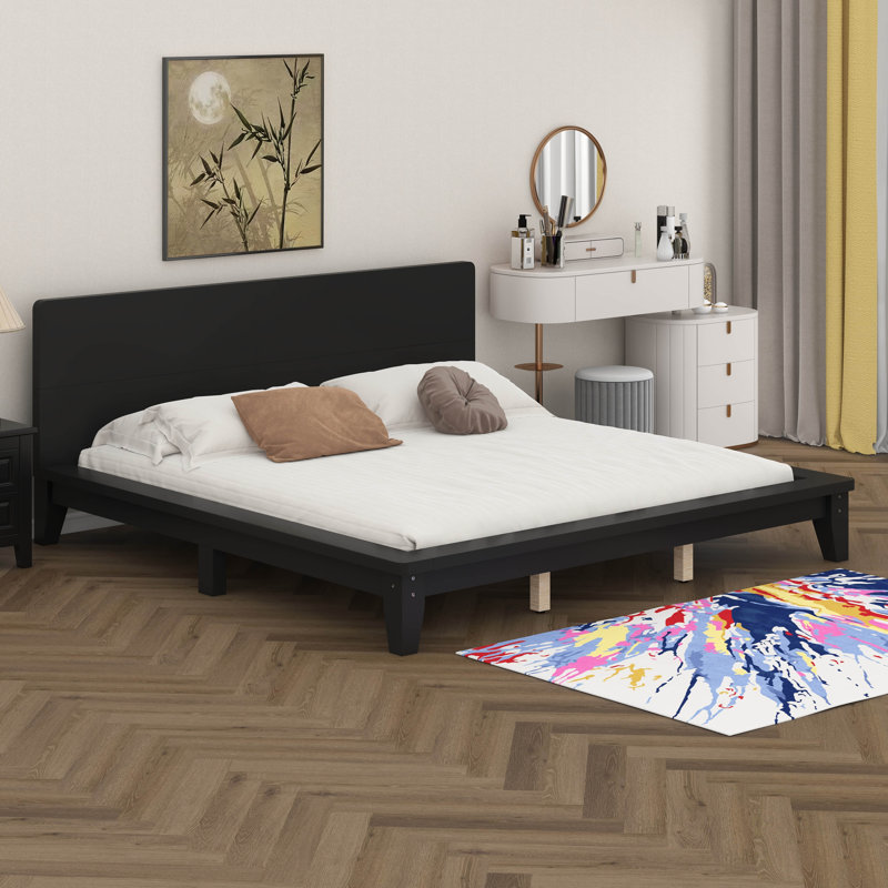 Base de lit en bois avec tête de lit solide, King, Noir