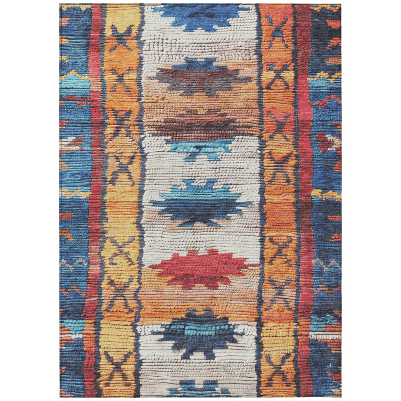 Machine Washable Indoor/Outdoor Xhevrie Navy Rug, Rectangle 3' x 5'