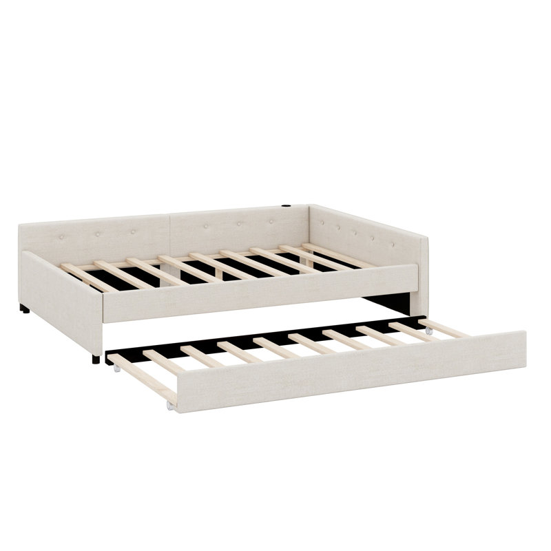 Lit plateforme tapissier avec port USB et lit gigogne, Double