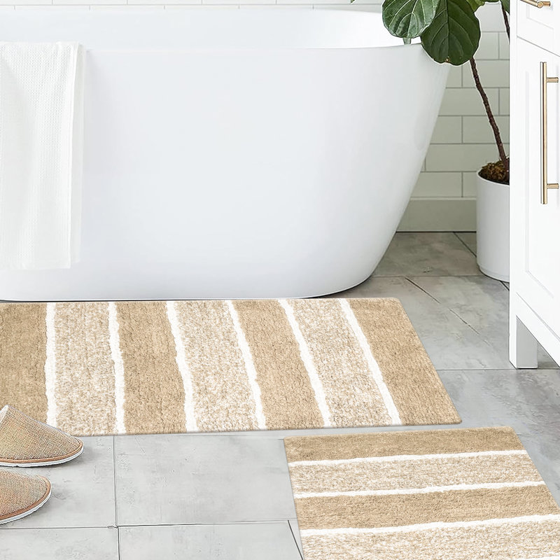 Cervantes 100% Cotton Non-Slip Bath Rug, Beige/White, 21''x34''/17''x24''