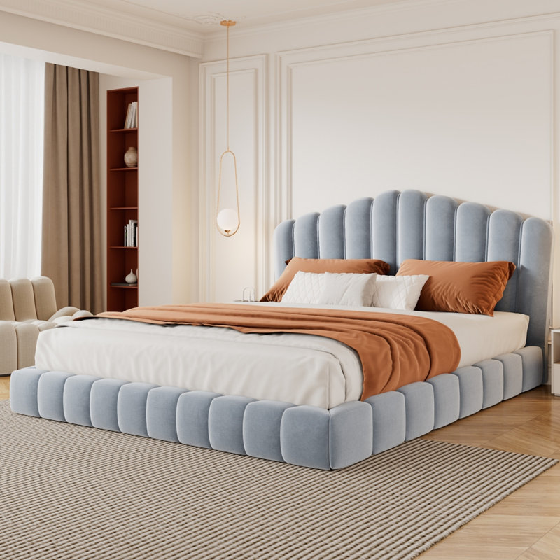 Tête de lit tapissier en velours pour lit double, sans sommier tapissier, Bleu clair