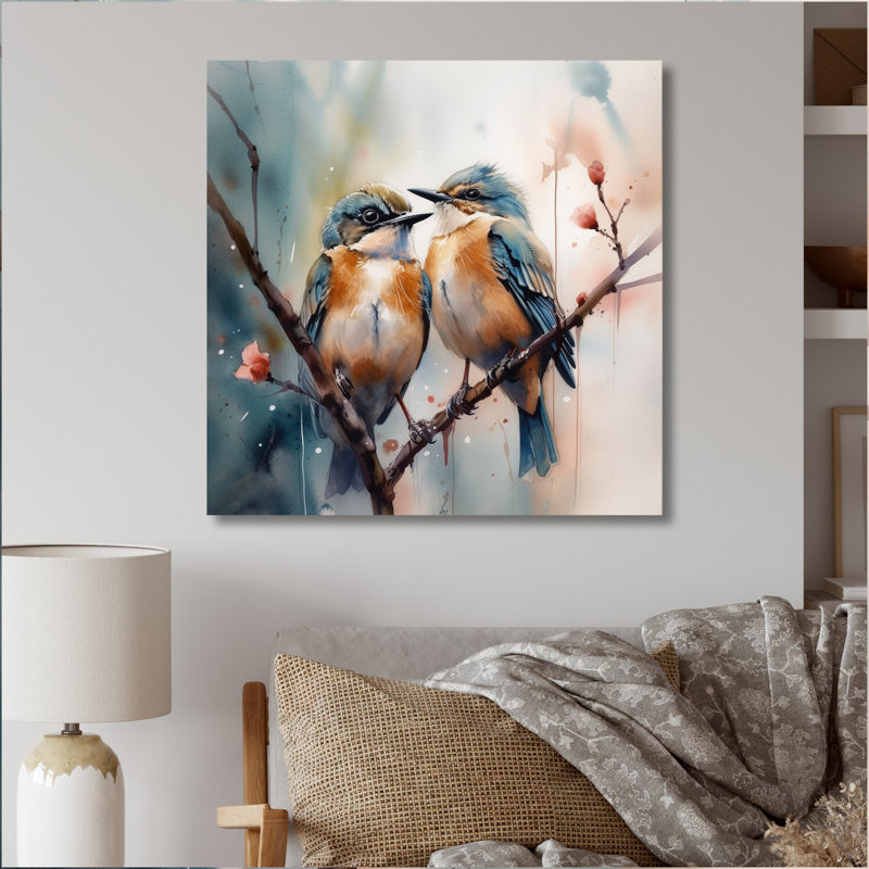 Oiseaux bleus assis sur une branche d'arbre III - Art mural floral, H 30 po x l 30 po, Toile tendue