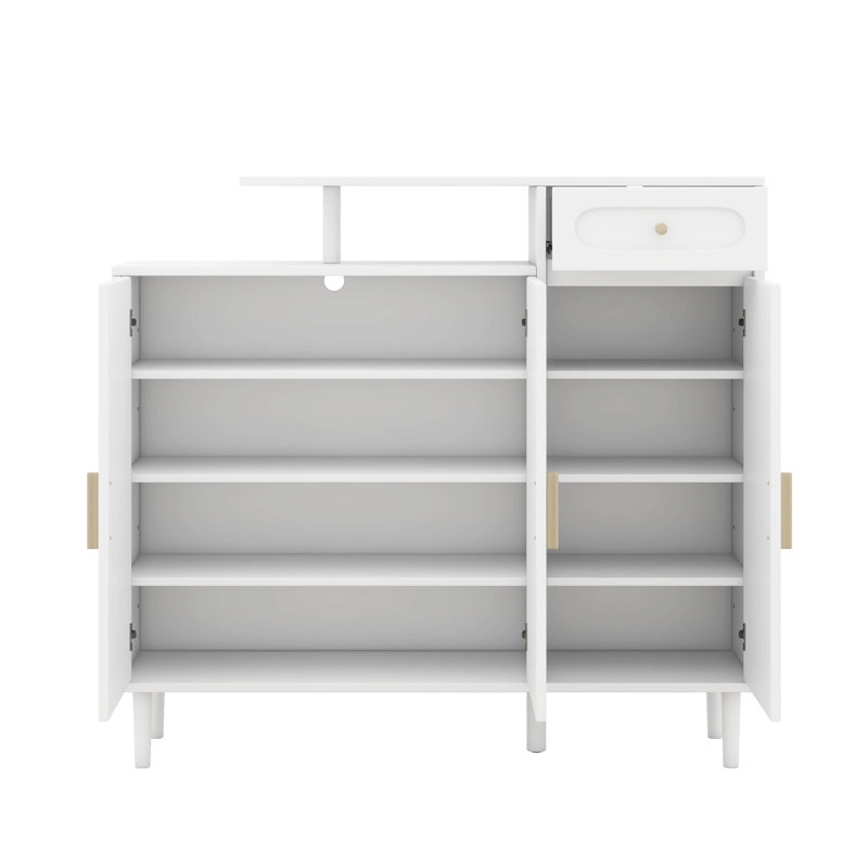 Shoe Cabinet With Adjustable Shelves, Solid Wood Legs, Arched Doors And Drawer, Storage Sideboard For Entryway, Living Room