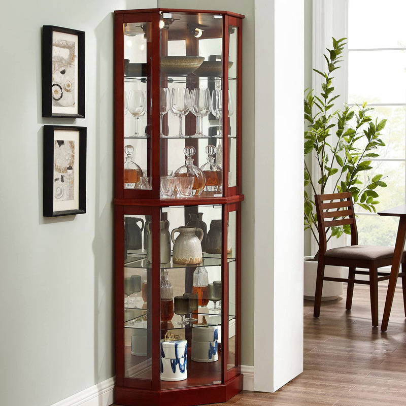 Vitrine 6 tablettes avec lumières, dossier en miroir, armoire d'angle lumineuse réglable, miroir, tablettes, cerisier